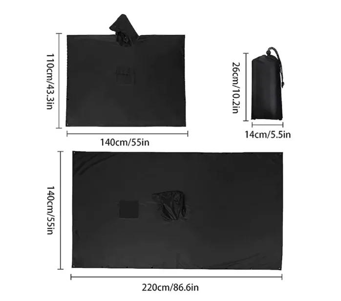 Poncho de Pluie Militaire 3-en-1 Noir – Imperméable Multifonction, Abri de Survie & Tapis de Sol pour Randonnée et Camping – Image 9