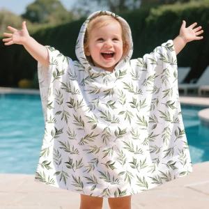 Poncho de Bain à Capuche Blanc pour Enfants – Serviette de Plage/Peignoir avec Imprimés Feuilles