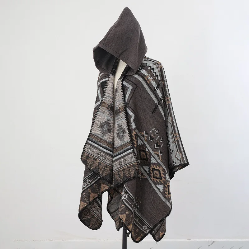 Cape Poncho Homme Gris Premium – Style Alpaga & Cachemire, Look Ethnique Chic