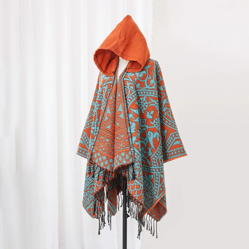 Poncho Homme Hiver Orange – Cape à Capuche Imitation Laine, Tissé avec Fente Latérale, Style Moderne et Confortable