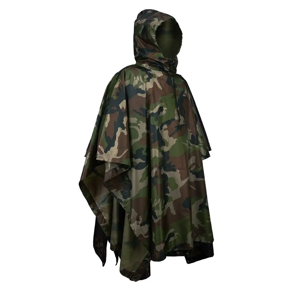 Poncho Militaire Tactique Camouflage 3-en-1 US Woodland – Imperméable, Pliable et Multifonction pour Randonnée, Moto et Survie