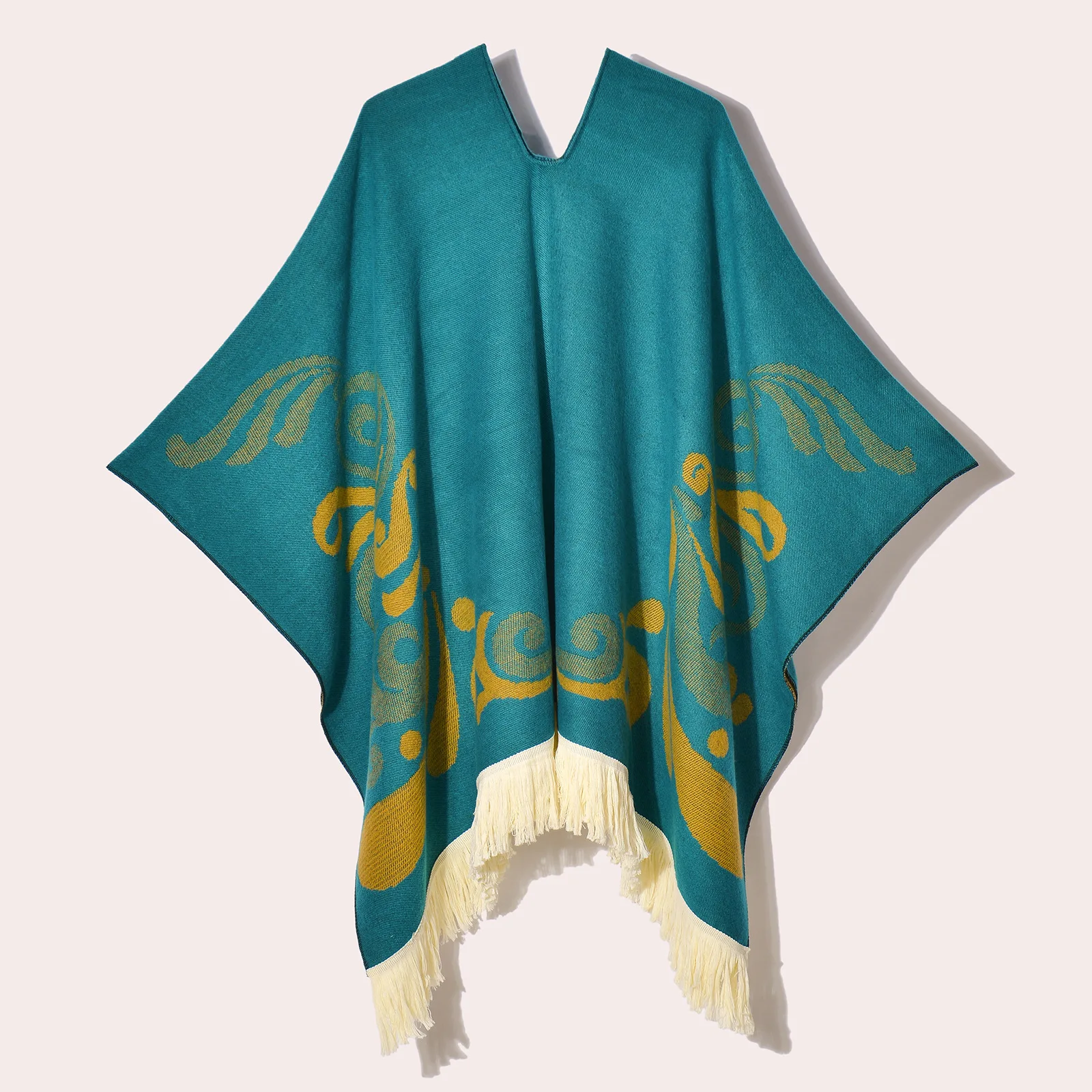 Poncho d’Hiver à Capuche Bleu Vert et Jaune Style Ethnique – Cape Jacquard Chaude avec Franges pour Femme et Homme