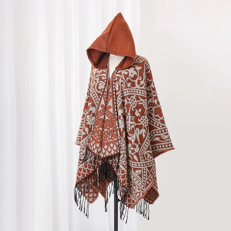 Poncho Homme Hiver Marron – Cape à Capuche Imitation Laine, Tissé avec Fente Latérale, Style Moderne et Confortable