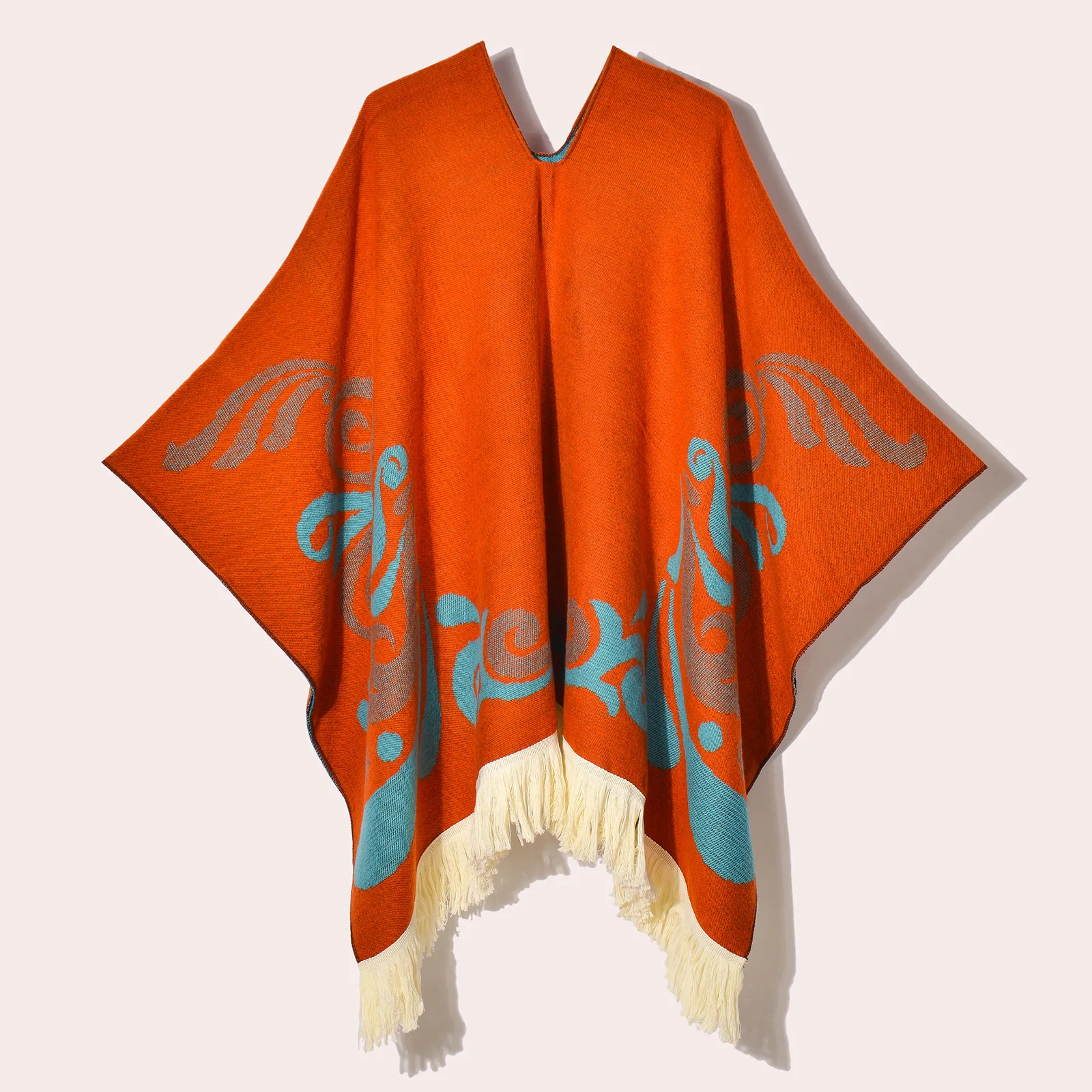 Poncho d’Hiver à Capuche Orange Style Ethnique – Cape Jacquard Chaude avec Franges pour Femme et Homme