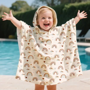 Poncho de Bain à Capuche Beige pour Enfants – Serviette de Plage/Peignoir avec Imprimés Arc en Ciel