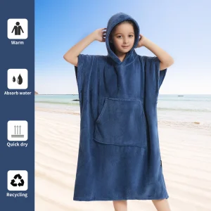 Poncho de Bain Enfant en Microfibre Bleu Marine – Serviette Douce à Capuche pour 5 à 12 Ans