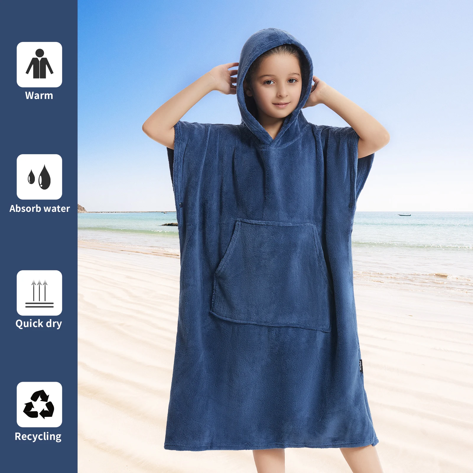 Poncho de Bain Enfant en Microfibre Bleu Marine – Serviette Douce à Capuche pour 5 à 12 Ans