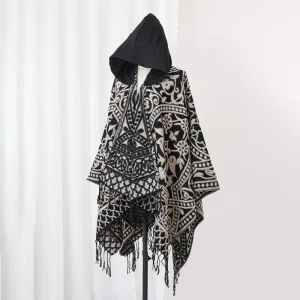 Poncho Homme Hiver Noir et Blanc – Cape à Capuche Imitation Laine, Tissé avec Fente Latérale, Style Moderne et Confortable