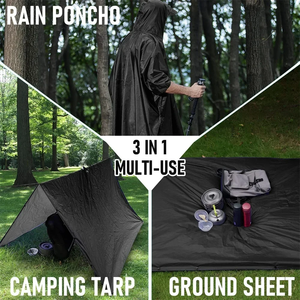 Poncho de Pluie Militaire 3-en-1 Noir – Imperméable Multifonction, Abri de Survie & Tapis de Sol pour Randonnée et Camping – Image 4