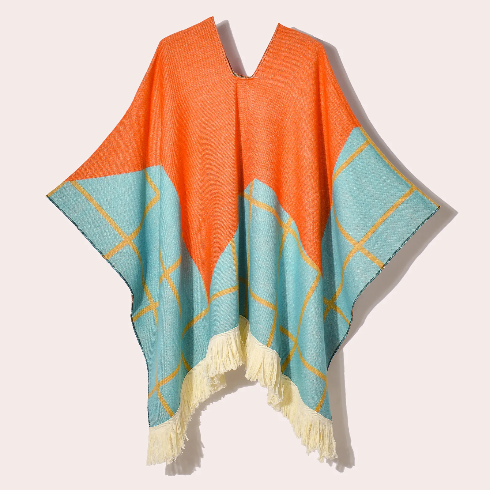 Poncho d’Hiver à Capuche Orange et Turquoise à carreaux Style Ethnique – Cape Jacquard Chaude avec Franges pour Femme et Homme