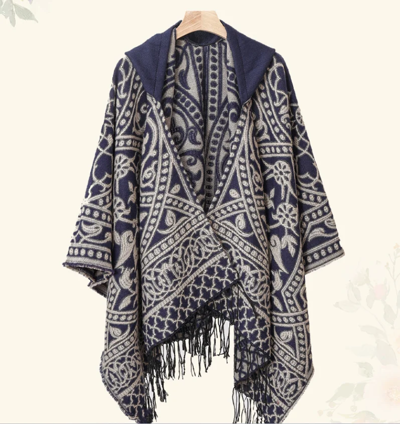 Poncho Homme Hiver Bleu Marine – Cape à Capuche Imitation Laine, Tissé avec Fente Latérale, Style Moderne et Confortable – Image 2