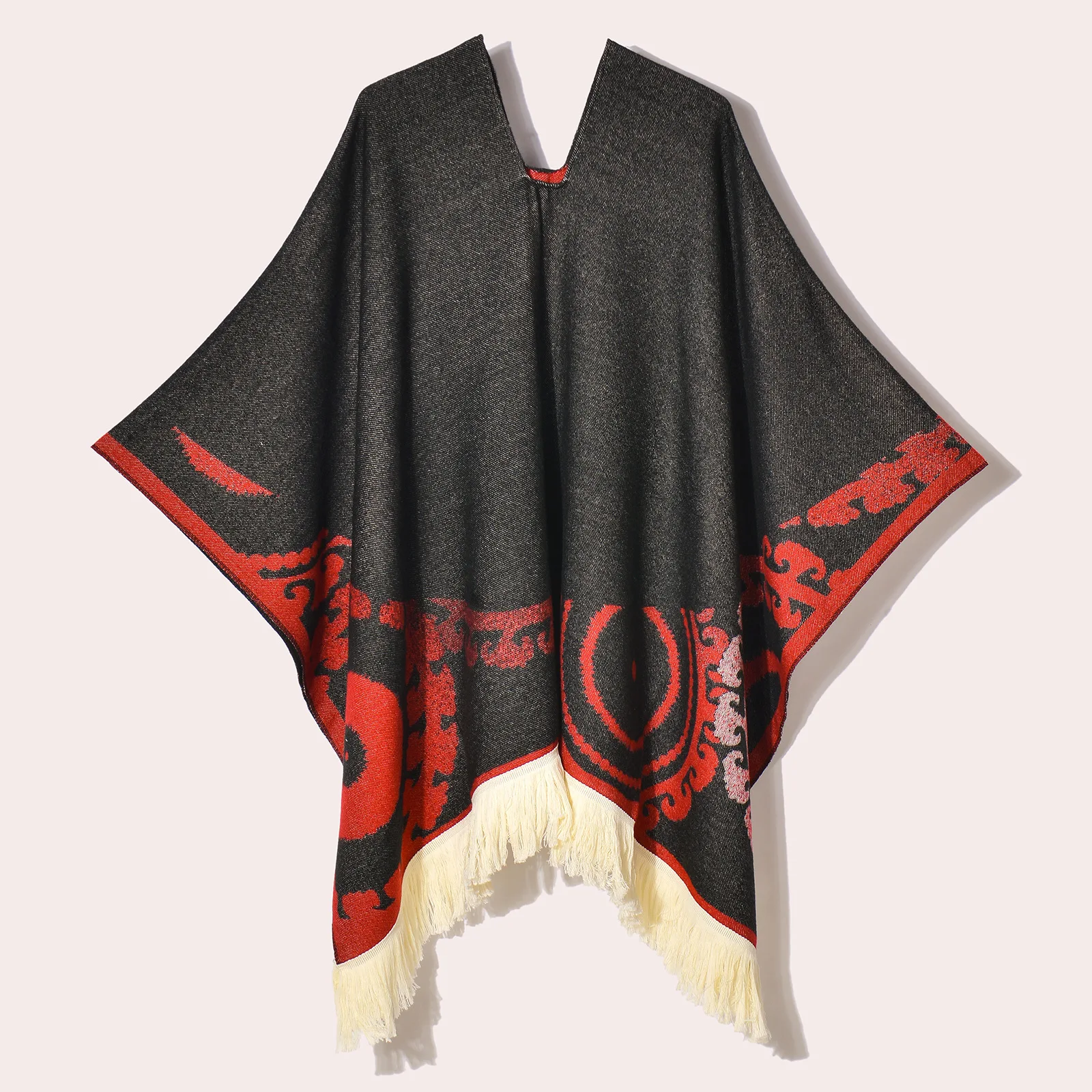 Poncho d’Hiver à Capuche Gris foncé et Rouge Style Ethnique – Cape Jacquard Chaude avec Franges pour Femme et Homme