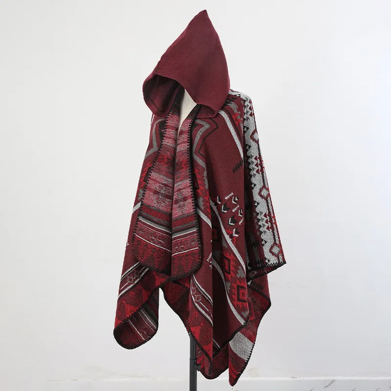 Cape Poncho Homme Rouge Bordeaux Premium – Style Alpaga & Cachemire, Look Ethnique Chic