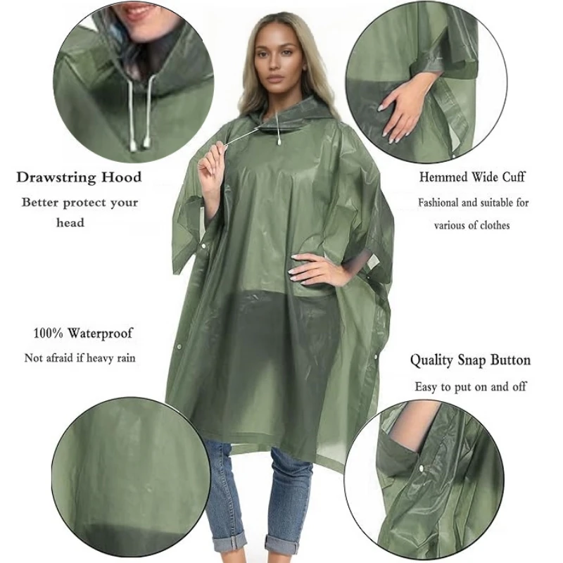 Poncho de Pluie Premium Vert Réutilisable – Protection Épaissie avec Capuche à Cordon – Image 3