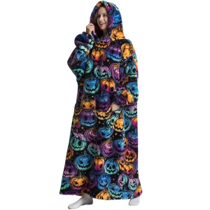 Poncho Couverture Oversize Noir Halloween en Polaire Sherpa – Sweat à Capuche Ultra Chaud pour Adulte