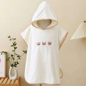 Poncho de Bain Bébé Blanc en Velours – Serviette à Capuche Ultra-Douce, Motif Ourson, Enveloppement Chaud pour Nouveau-Nés et Enfants
