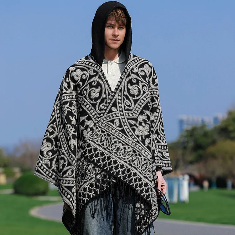 Poncho Homme Hiver Noir et Blanc – Cape à Capuche Imitation Laine, Tissé avec Fente Latérale, Style Moderne et Confortable – Image 4
