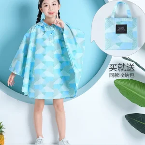 Poncho de Pluie Enfant Imperméable Bleu géométrique – Cape Légère avec Capuche pour École et Extérieur