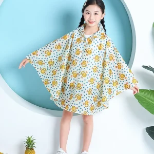 Poncho de Pluie Enfant Imperméable Jaune motif sourire – Cape Légère avec Capuche pour École et Extérieur