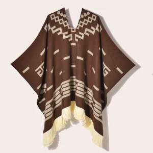 Poncho Marron Homme Ethnique à Motifs Géométriques – Maille Épaisse Style Nomade