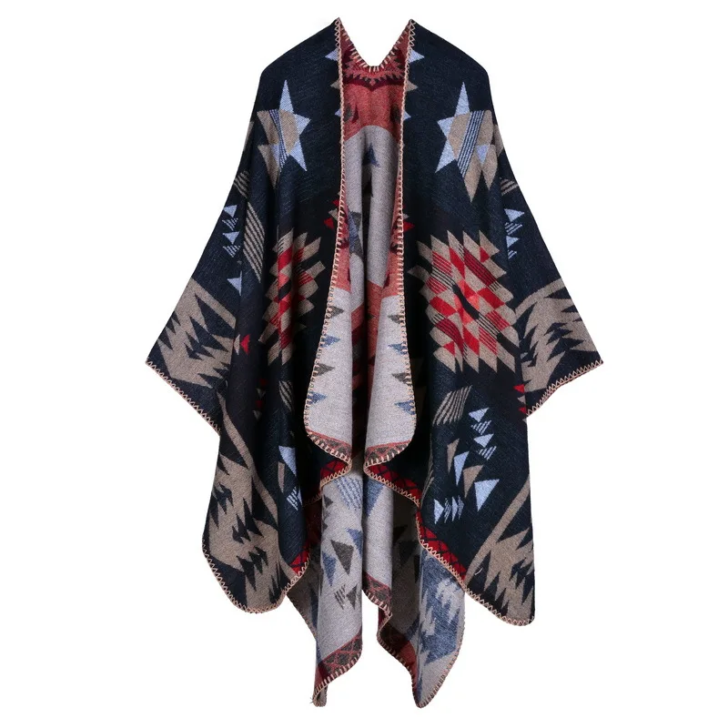 Poncho Cape Multicolore Épais d’Hiver à Carreaux – Châle Doux en Polaire pour Femme, Coupe Ample et Ouverte