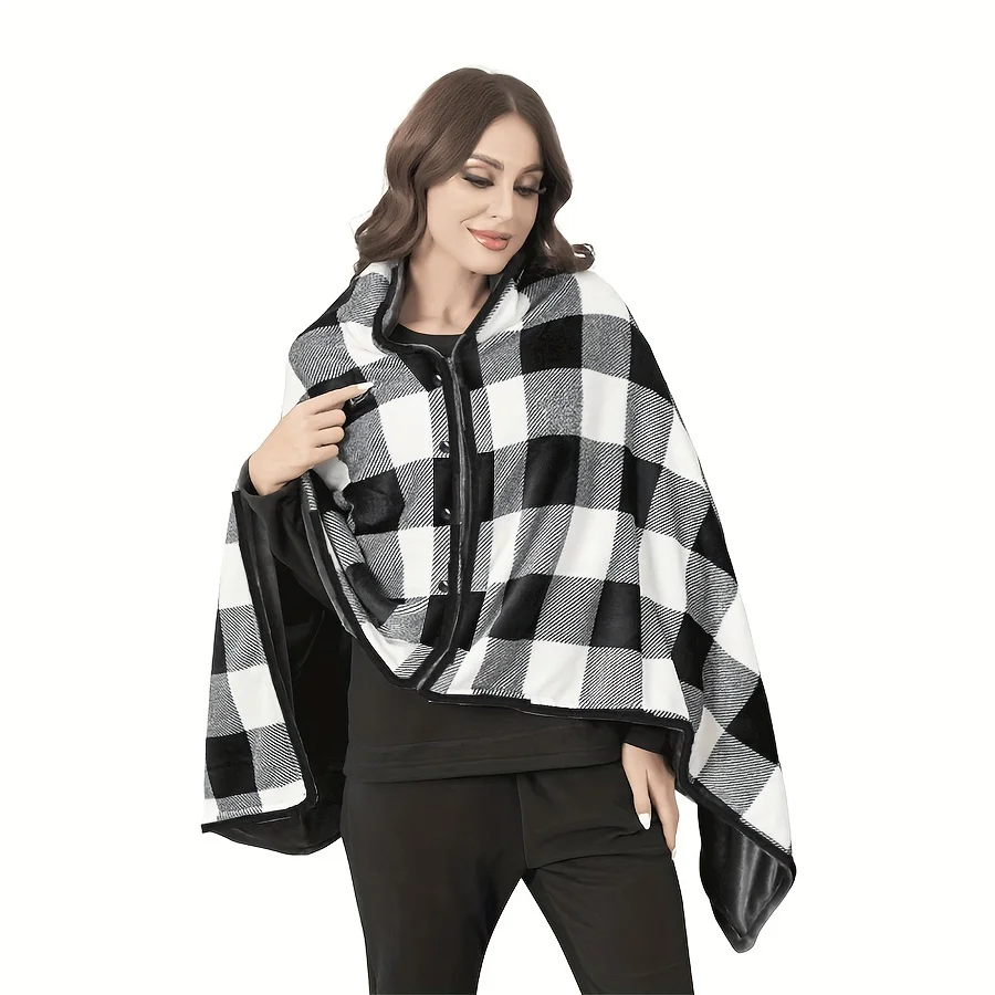 Poncho Châle Polaire Noir en Flanelle Douce – Couverture d'Épaule Portable pour le Bureau et la Détente – Image 2