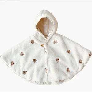 Cape d’hiver bébé Blanche Ourson avec capuche en velours corail à motif – manteau chaud unisexe 1 à 3 ans