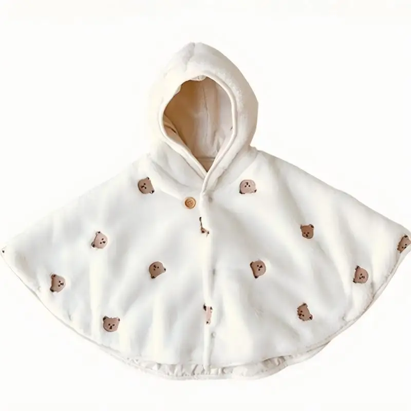 Cape d’hiver bébé Blanche Ourson avec capuche en velours corail à motif – manteau chaud unisexe 1 à 3 ans – Image 3