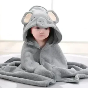Peignoir bébé à capuche en polaire corail Eléphant – serviette de bain douce unisexe 1 à 3 ans