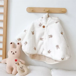 Cape d’hiver bébé Blanche Lapin avec capuche en velours corail à motif – manteau chaud unisexe 1 à 3 ans