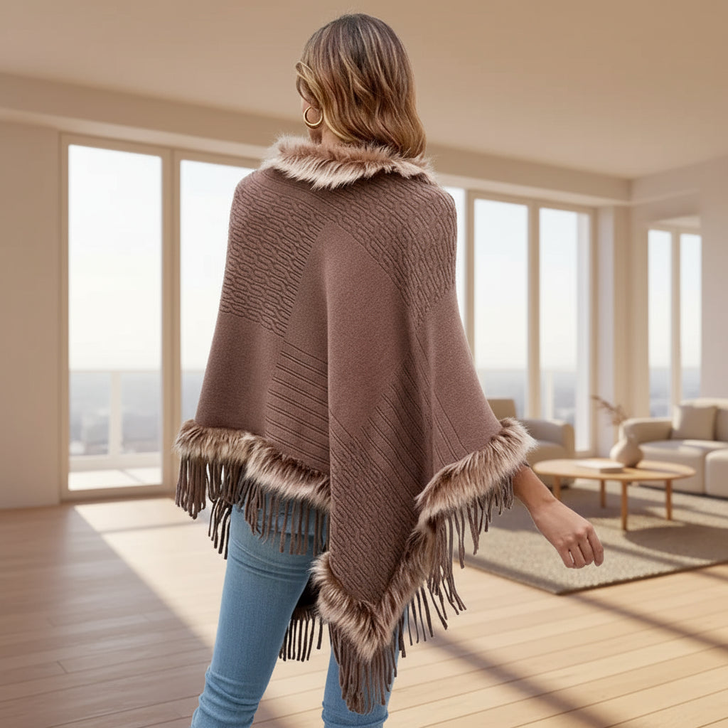 poncho col fourrure franges
