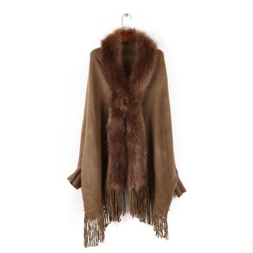 poncho coton avec col fourrure